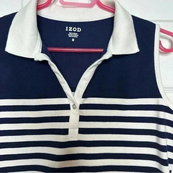 Izod Polo Shirt Sleeveless Collared Striped Blue & White Size Medium - Picture 2 of 16